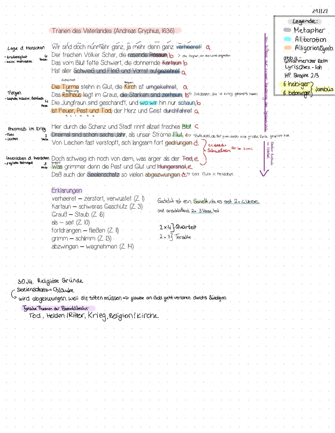 Lyrik, Tränen des Vaterlandes Ausarbeitung/ Analyse 