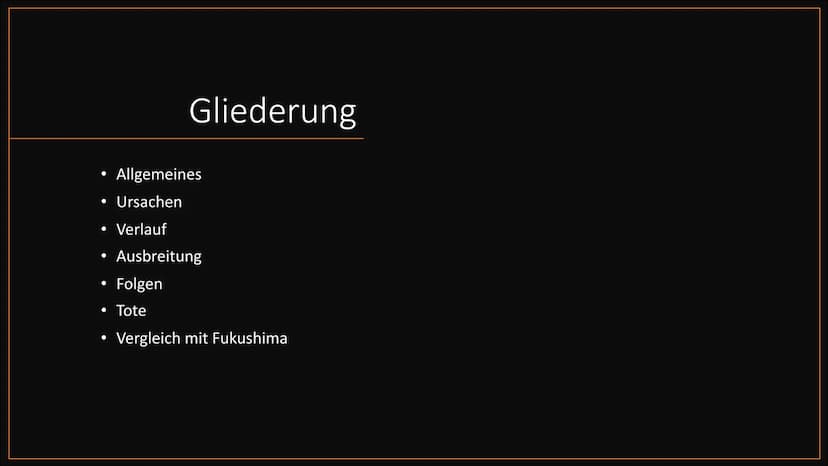 GI
Tschernobyl
Europas Schlimmste Atomkatastrophe ●
●
●
●
●
Gliederung
Allgemeines
Ursachen
Verlauf
Ausbreitung
Folgen
Tote
Vergleich mit Fu