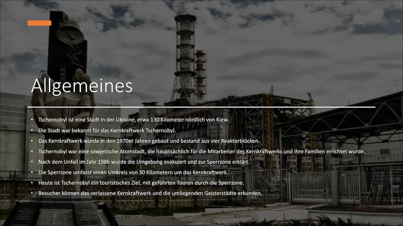 GI
Tschernobyl
Europas Schlimmste Atomkatastrophe ●
●
●
●
●
Gliederung
Allgemeines
Ursachen
Verlauf
Ausbreitung
Folgen
Tote
Vergleich mit Fu