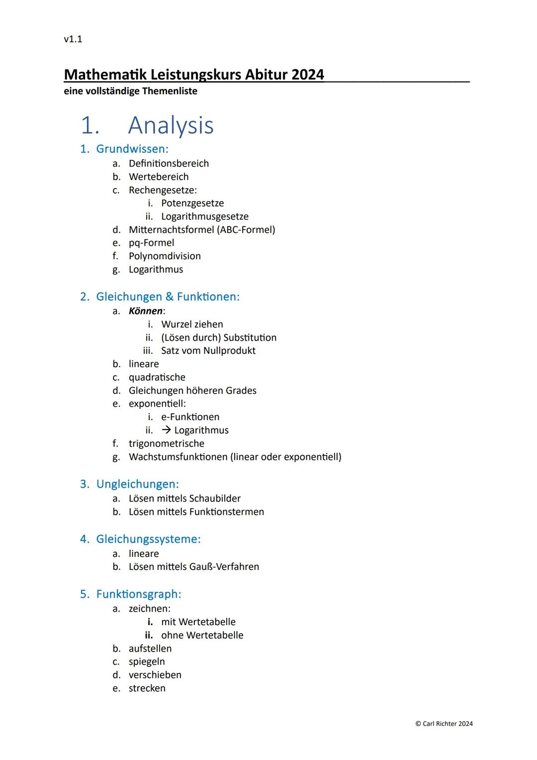 v1.1

# Mathematik Leistungskurs Abitur 2024
eine vollständige Themenliste

# 1. Analysis

1. Grundwissen:
a. Definitionsbereich
b. Werteber
