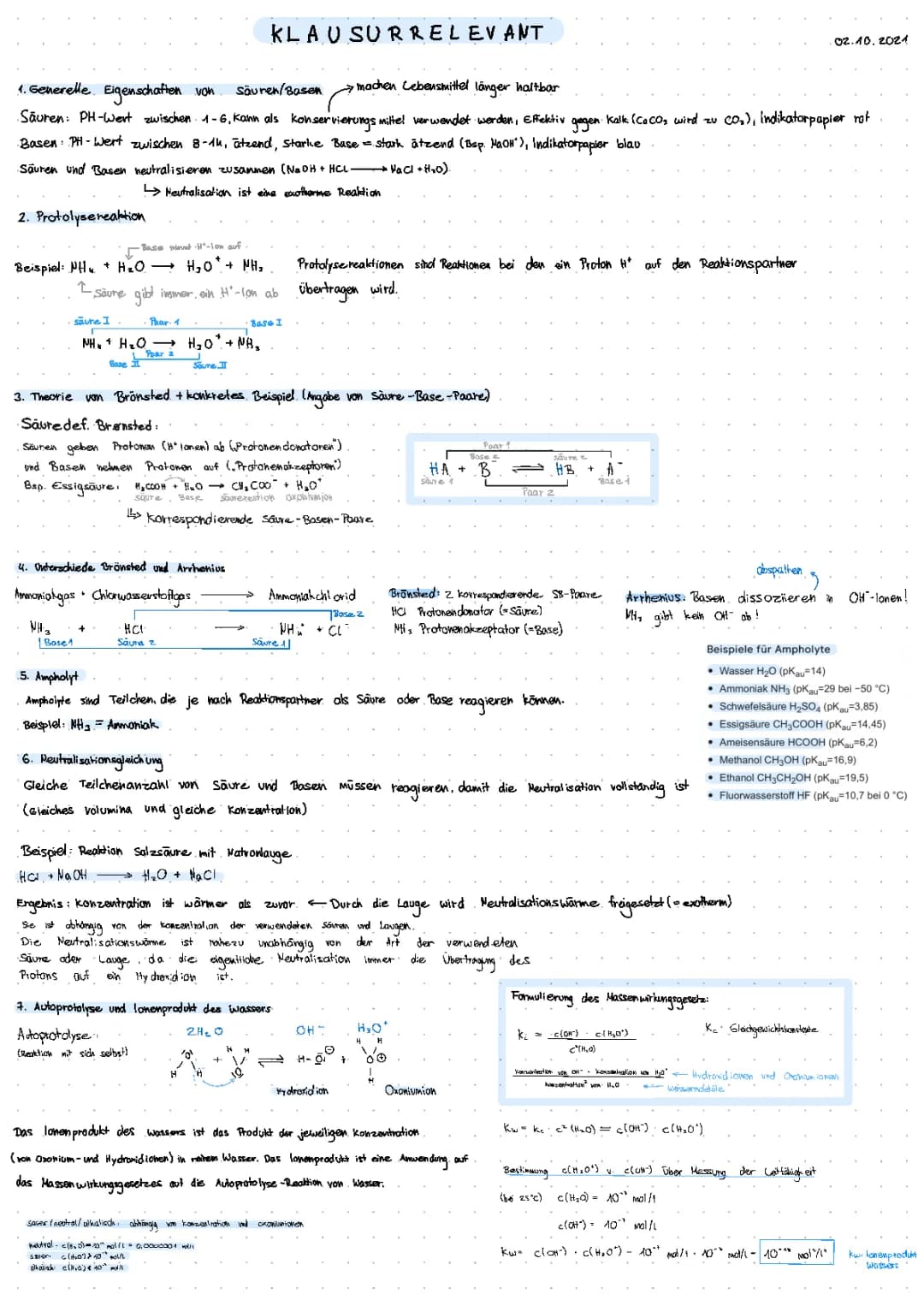 Lernzettel Säuren und Basen, Brönsted, Protolysereaktion 