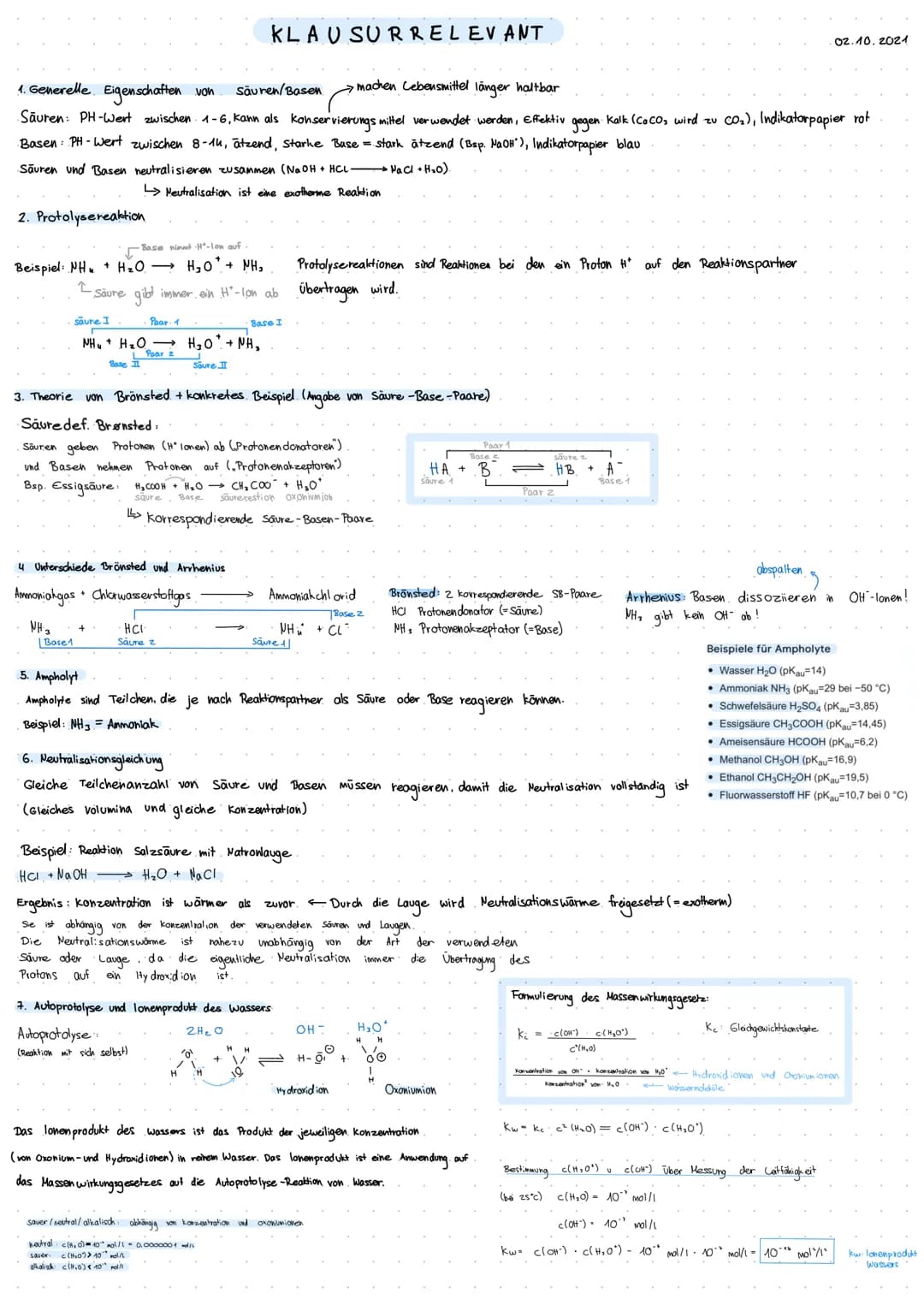 2. Protolysereaktion
> machen Lebensmittel länger haltbar
1. Generelle Eigenschaften von säuren/Basen
Säuren: PH-Wert zwischen 1-6, kann als