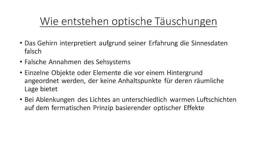 (O)
Optische Täuschung • Was ist eine optische Täuschung
Was gibt es für Arten
●
• Wie entstehen optische Täuschungen
Fata Morgana
●
Glieder