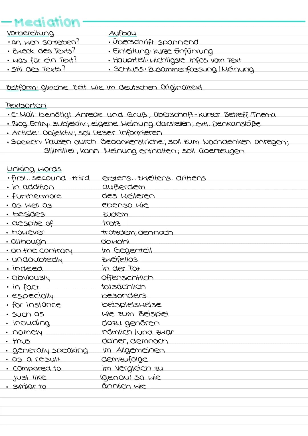 -Mediation.
Vorbereitung
•an wen schreiben?
Zweck des Texts?
●
• was für ein Text?
Stil des Texts?
●
●
Zeitform: gleiche Zeit wie im deutsch