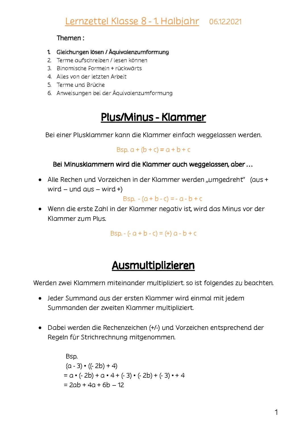 Terme Grundregeln, Gleichungen lösen, Äquivalenzumformung, Binomische Formeln