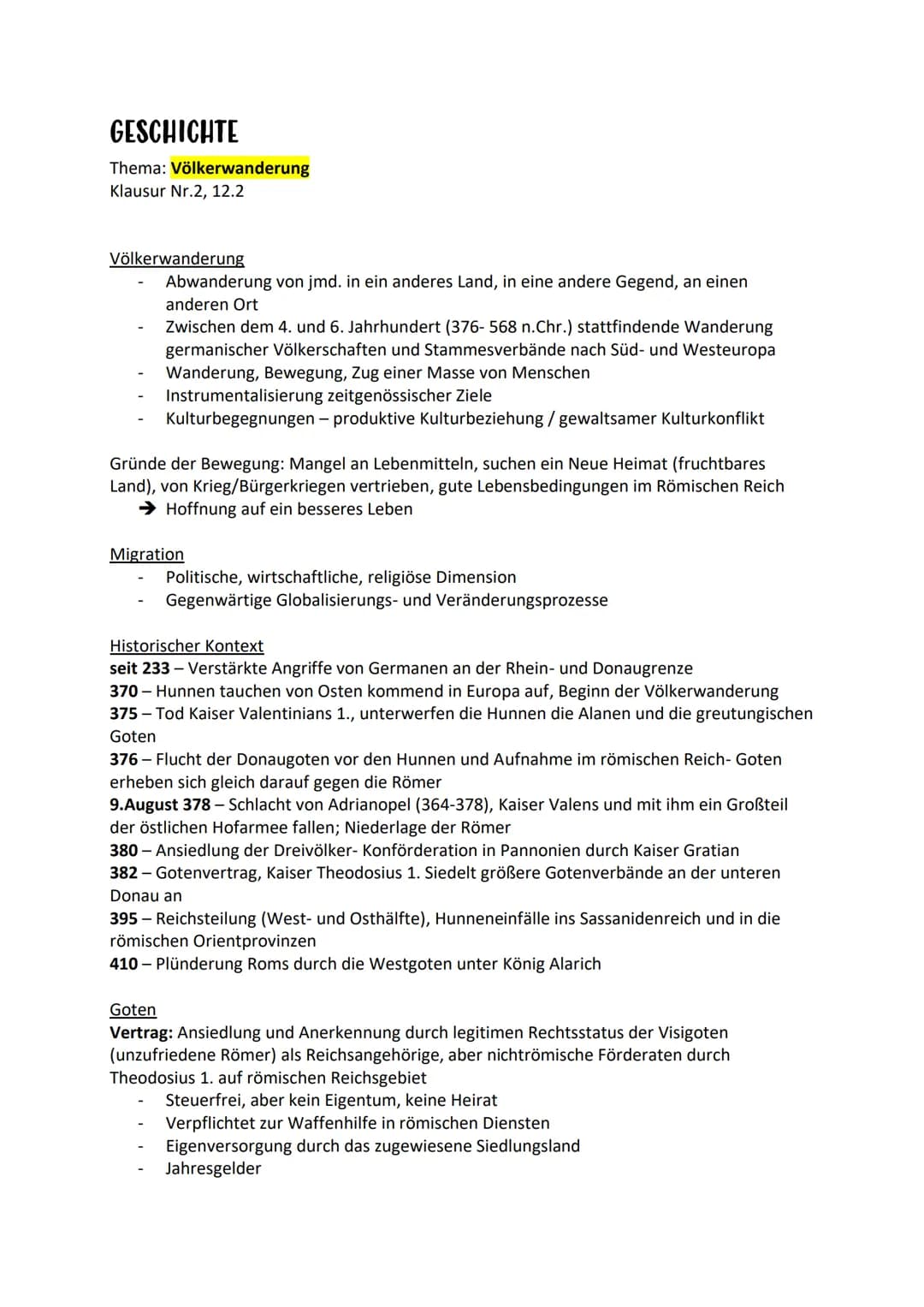 GESCHICHTE
Thema: Völkerwanderung
Klausur Nr.2, 12.2
Völkerwanderung
Abwanderung von jmd. in ein anderes Land, in eine andere Gegend, an ein