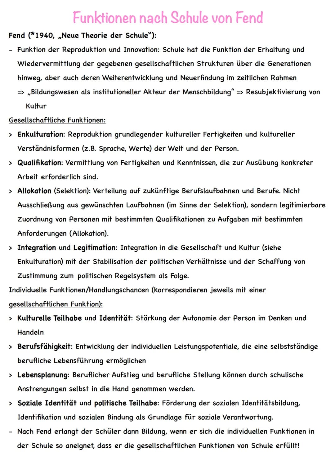 -
Funktionen von Schule nach Fend
Wir leben in einer Leistungs- und Wissensgesellschaft, in welcher der schulischen Bildung
ein hoher Stelle