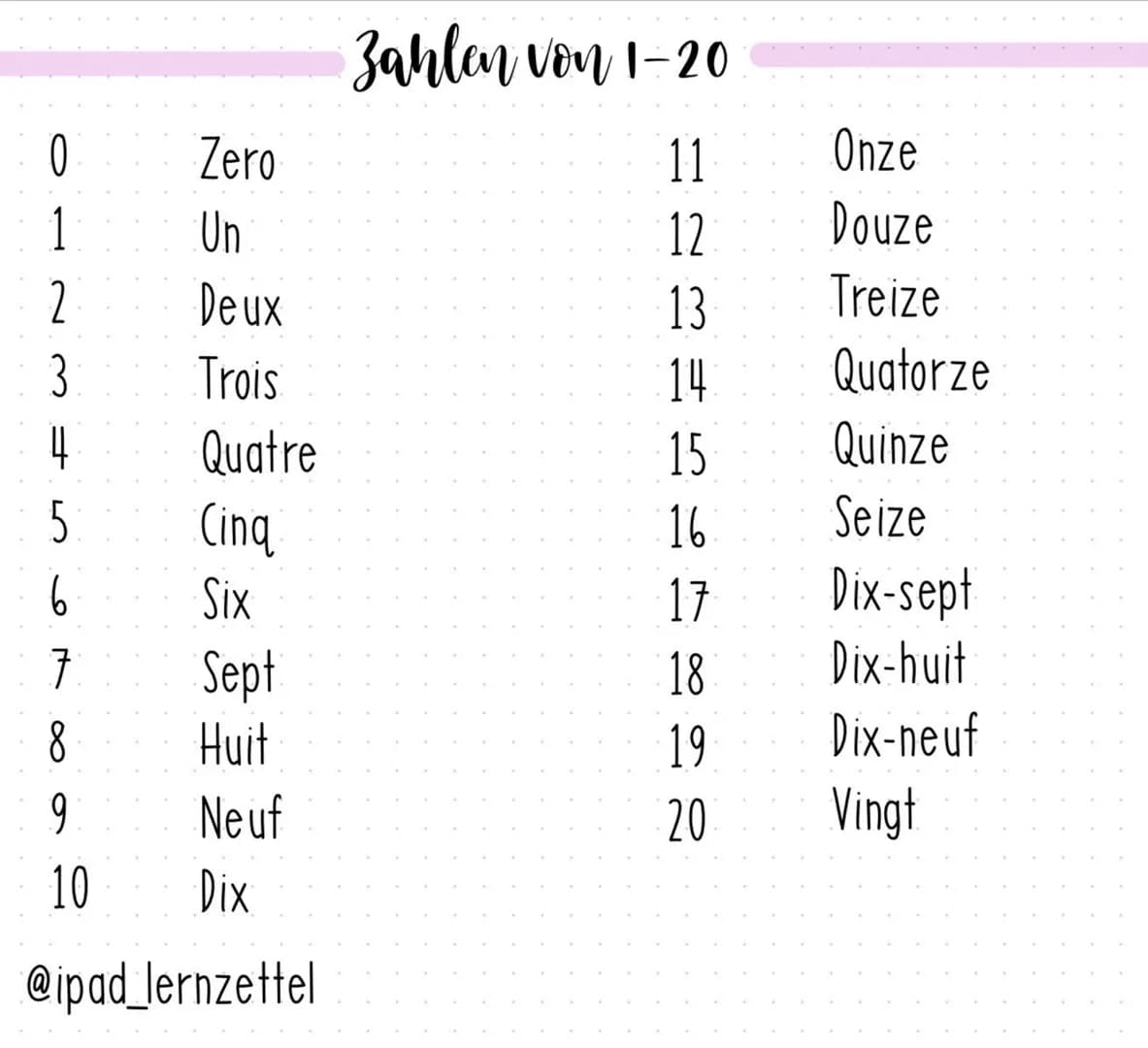 0
1
2
3
4
5
6
7
8
9
10
Zero
Un
Deux
Trois
Quatre
Cinq
Six
Sept
Huit
Neuf
Dix
@ipad_lernzettel
Zahlen von 1-20
11
12
13
14
15
16
17
18
19
20
