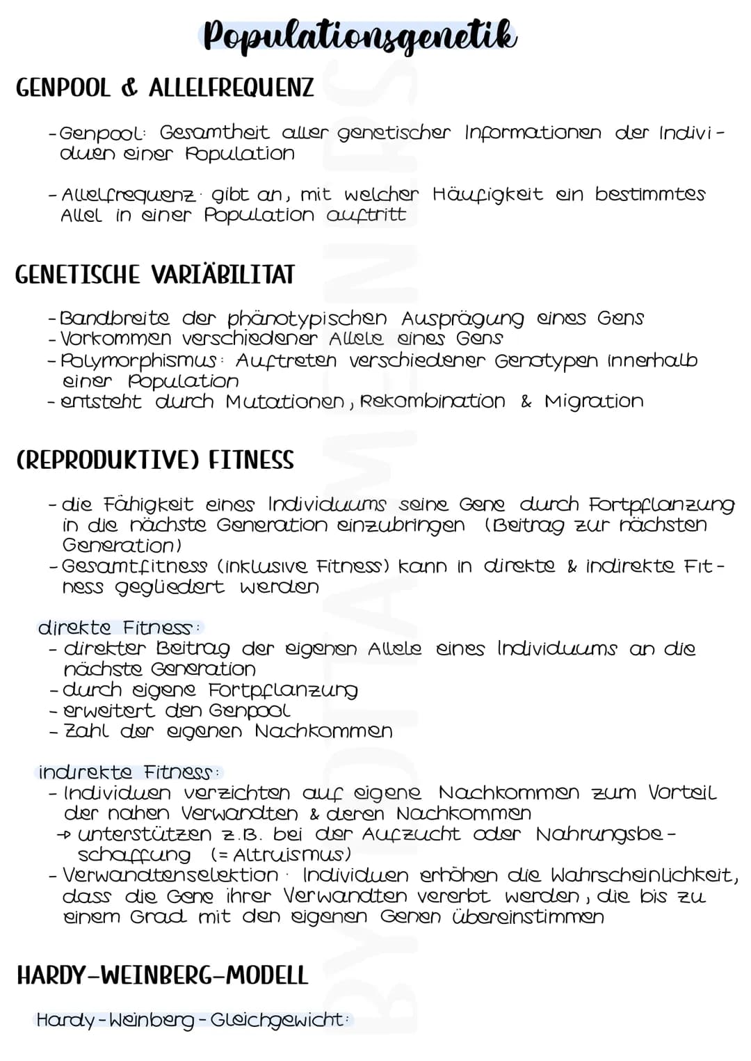 Populationsgenetik
GENPOOL &ALLELFREQUENZ
- Genpool: Gesamtheit aller genetischer Informationen der Indivi-
duen einer Population
- Allelfre