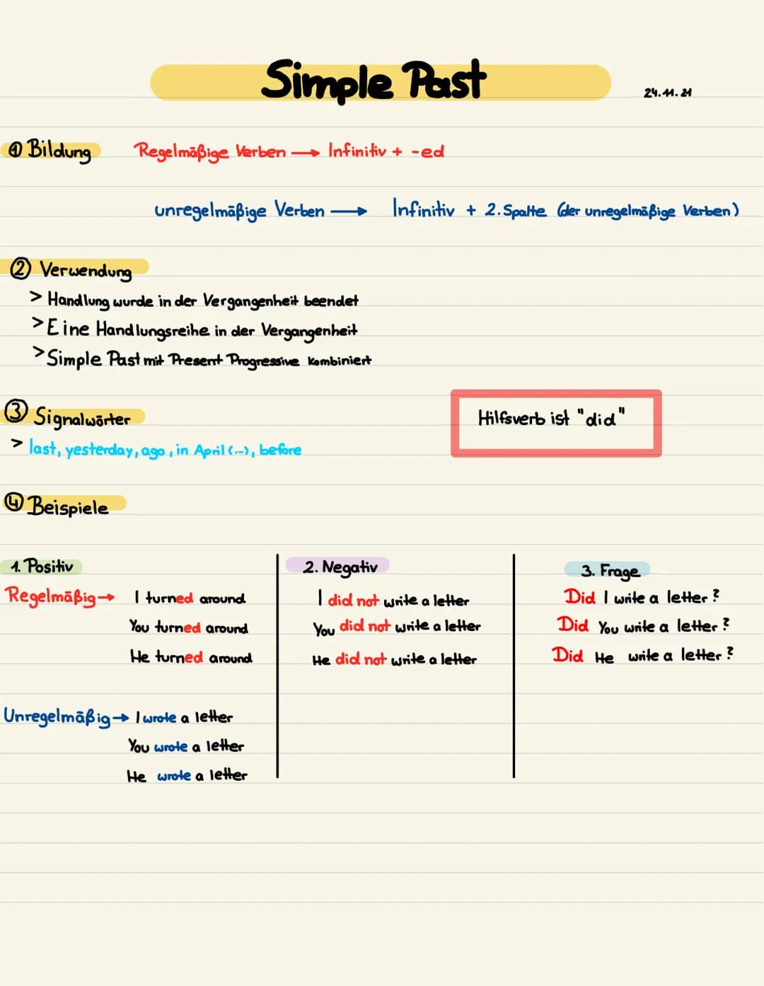 Bildung
Regelmäßige Verben→ Infinitiv + -ed
Beispiele
Simple Past
unregelmäßige Verben
Verwendung
> Handlung wurde in der Vergangenheit been