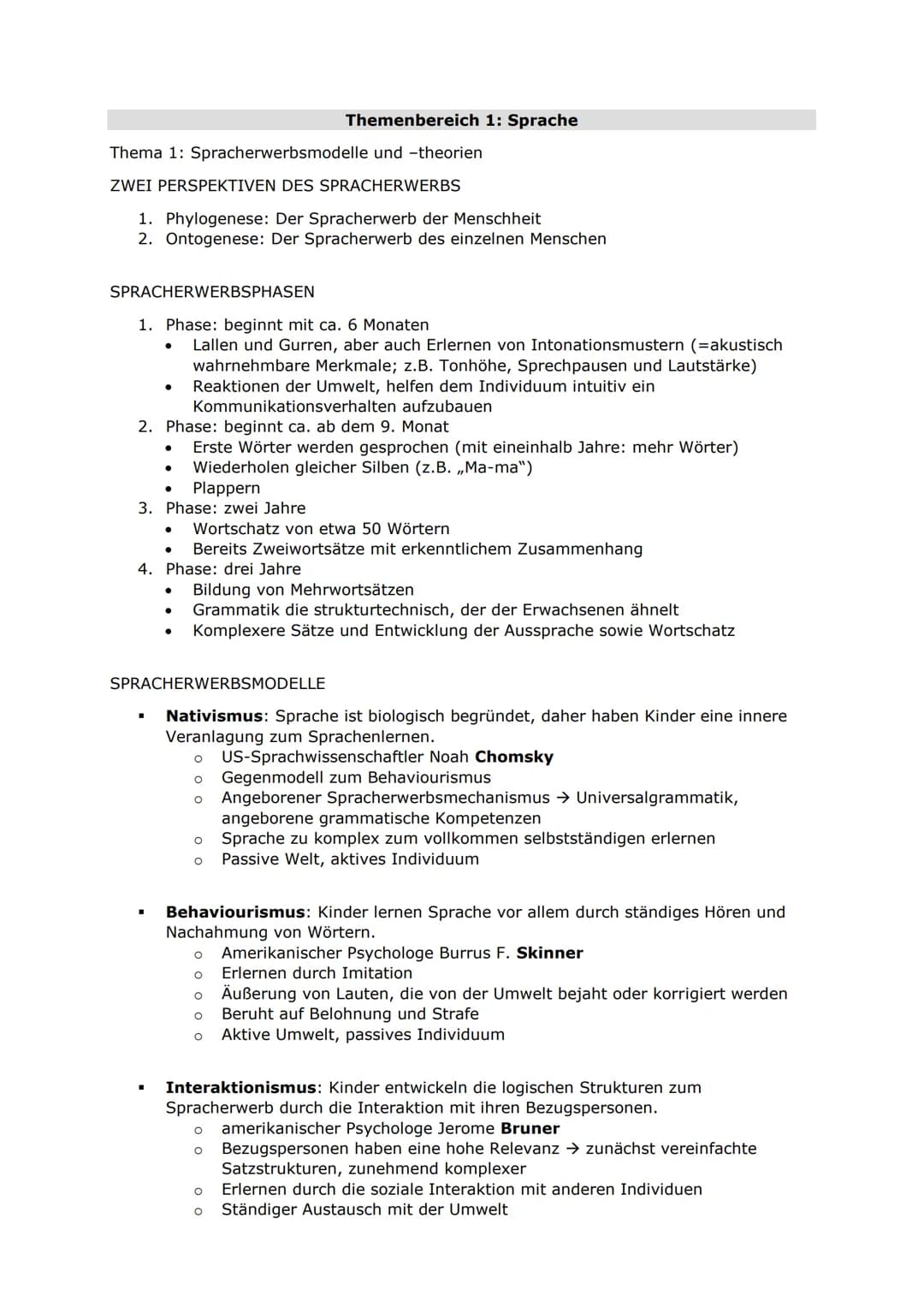 Themenbereich 1: Sprache
Thema 1: Spracherwerbsmodelle und -theorien
ZWEI PERSPEKTIVEN DES SPRACHERWERBS
1. Phylogenese: Der Spracherwerb de