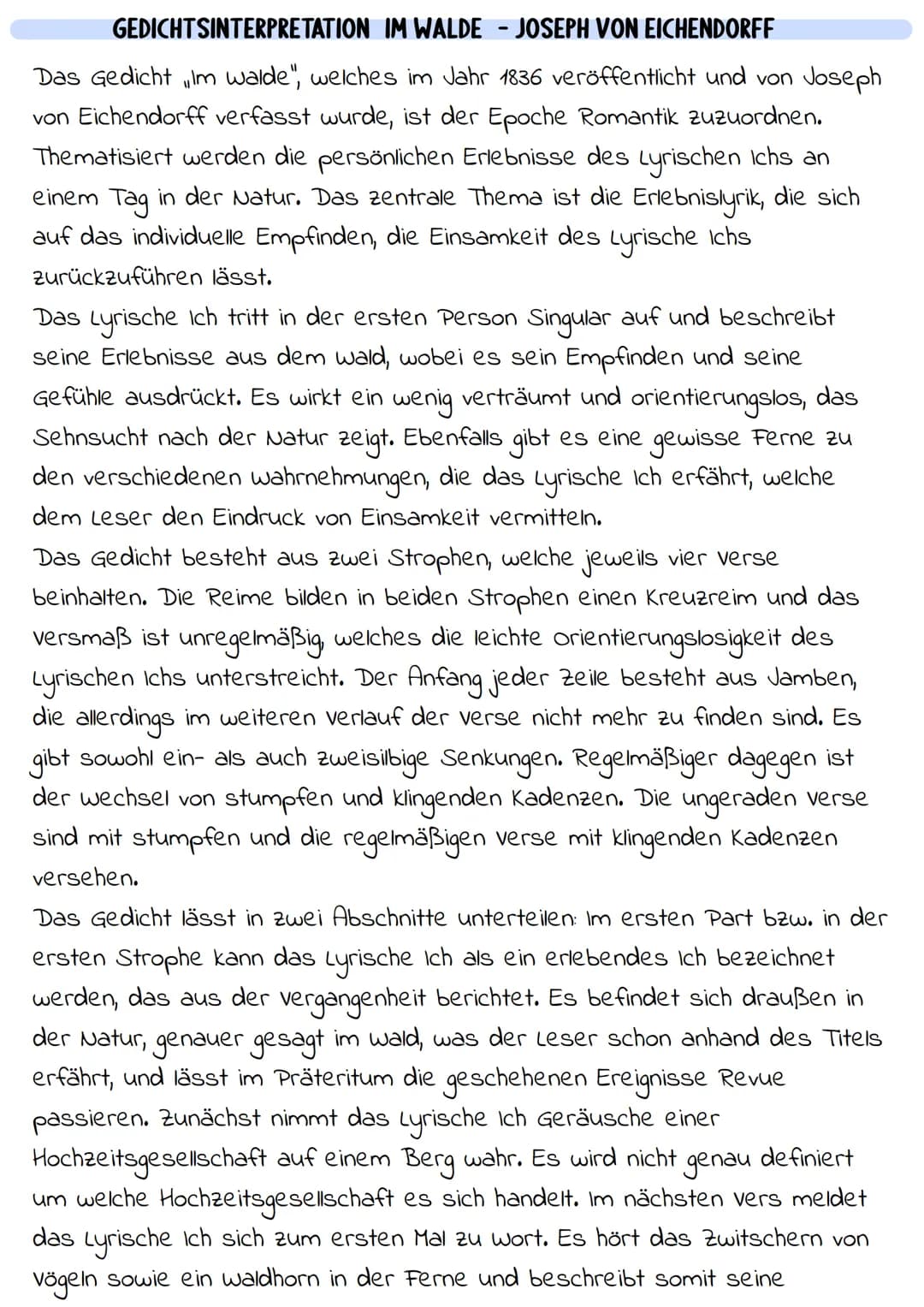 GEDICHTSINTERPRETATION IM WALDE - JOSEPH VON EICHENDORFF
Das Gedicht „Im walde", welches im Jahr 1836 veröffentlicht und von Joseph
von Eich