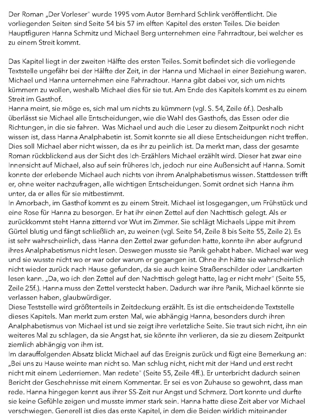 Der Vorleser Kapitel 11 Analyse: Was passiert zwischen Hanna und Michael?