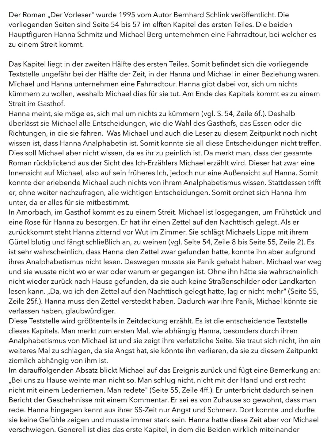 Der Roman ,,Der Vorleser" wurde 1995 vom Autor Bernhard Schlink veröffentlicht. Die
vorliegenden Seiten sind Seite 54 bis 57 im elften Kapit
