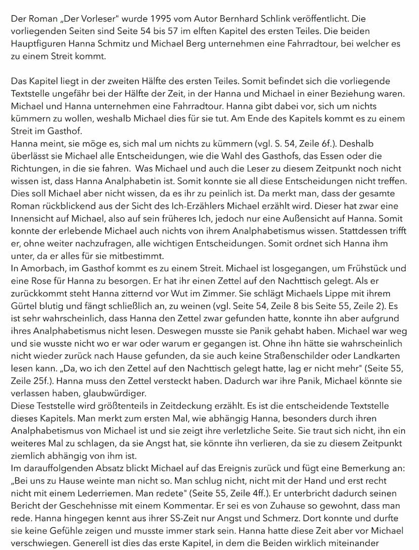 Der Roman ,,Der Vorleser" wurde 1995 vom Autor Bernhard Schlink veröffentlicht. Die
vorliegenden Seiten sind Seite 54 bis 57 im elften Kapit
