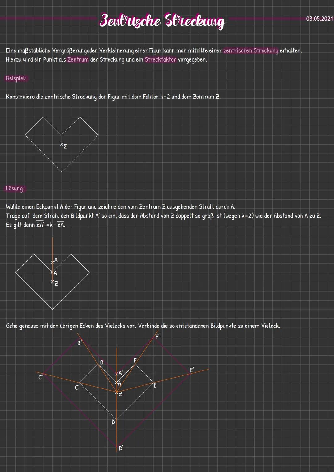 # Zentrische Streckung

Eine maßstäbliche Vergrößerungoder Verkleinerung einer Figur kann man mithilfe einer zentrischen Streckung erhalten.