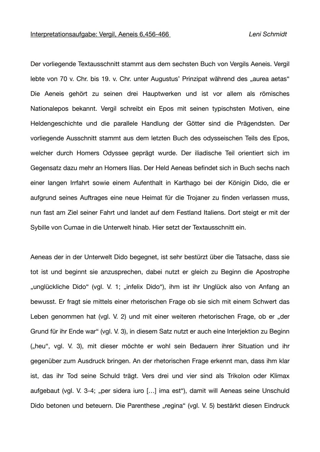 Interpretationsaufgabe: Vergil, Aeneis 6,456-466
Leni Schmidt
Der vorliegende Textausschnitt stammt aus dem sechsten Buch von Vergils Aeneis