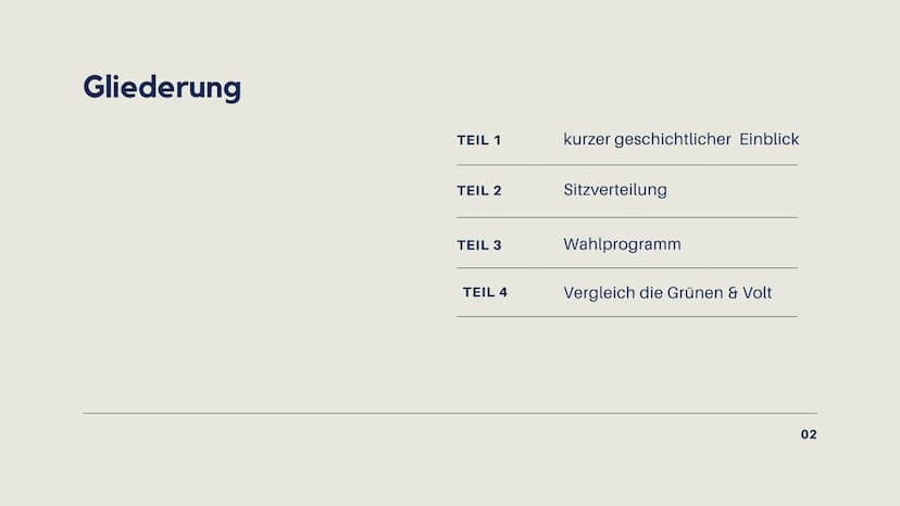 BÜNDNIS 90
DIE GRÜNEN Gliederung
TEIL 1
TEIL 2
TEIL 3
TEIL 4
kurzer geschichtlicher Einblick
Sitzverteilung
Wahlprogramm
Vergleich die Grüne