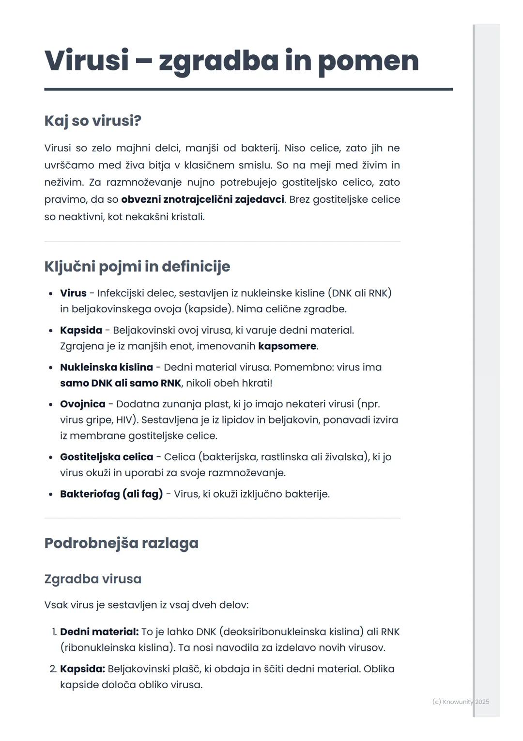 # Virusi – zgradba in pomen

Kaj so virusi?

Virusi so zelo majhni delci, manjši od bakterij. Niso celice, zato jih ne
uvrščamo med živa bit