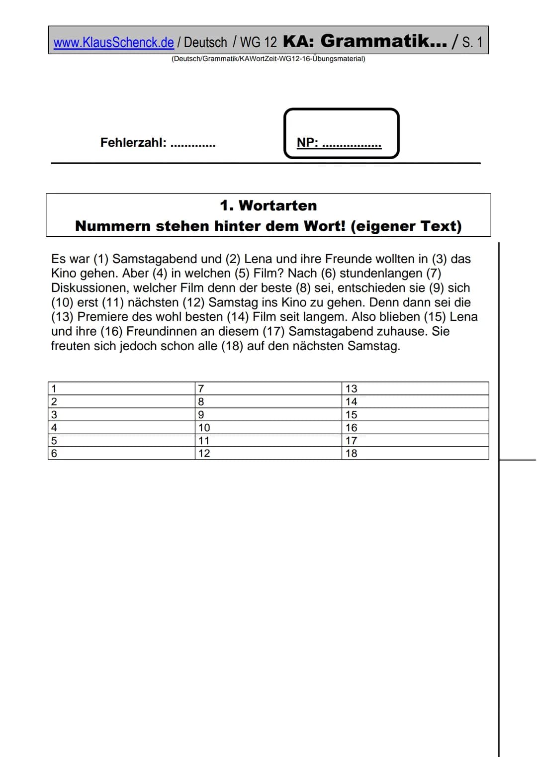 www.KlausSchenck.de / Deutsch / WG 12 KA: Grammatik... / S. 1
(Deutsch/Grammatik/KAWortZeit-WG12-16-Übungsmaterial)
Fehlerzahl:
1. Wortarten