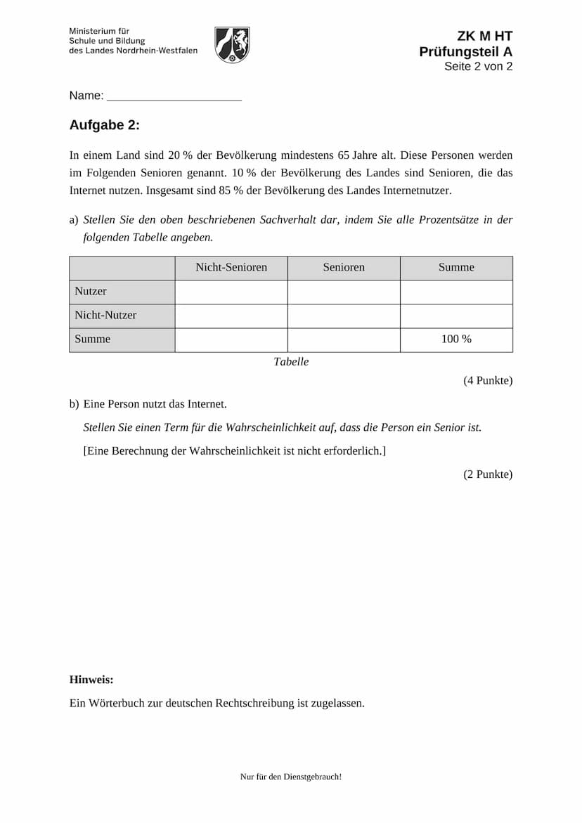 Ministerium für
Schule und Bildung
des Landes Nordrhein-Westfalen
Name:
Zentrale Klausur am Ende der Einführungsphase
2018
Mathematik
Prüfun