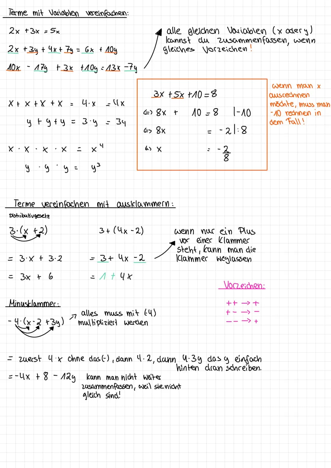 Terme mit Variablen vereinfachen:
2x + 3x = 5x
2x + 3y + 4x + 7y
10x - 179 + 3x
X + x + x + X
X
X
y
X
+9+y = 3.9.
· X
у
= 3x + 3.2
= 3x + 6

