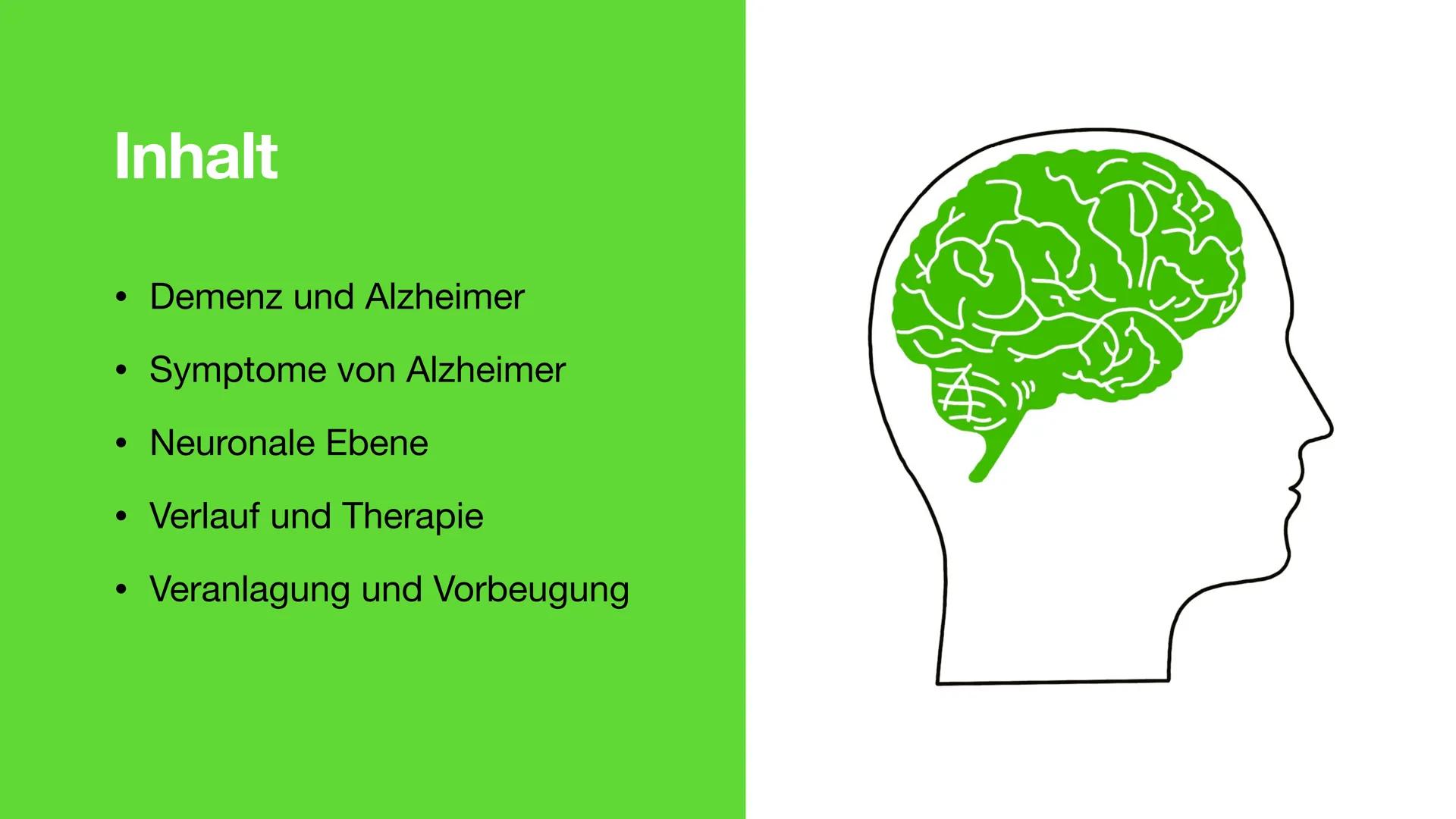 Neuronale Erkrankung am
Beispiel Alzheimer
Störung des Hirnstoffwechsels Inhalt
●
• Demenz und Alzheimer
• Symptome von Alzheimer
●
• Neuron