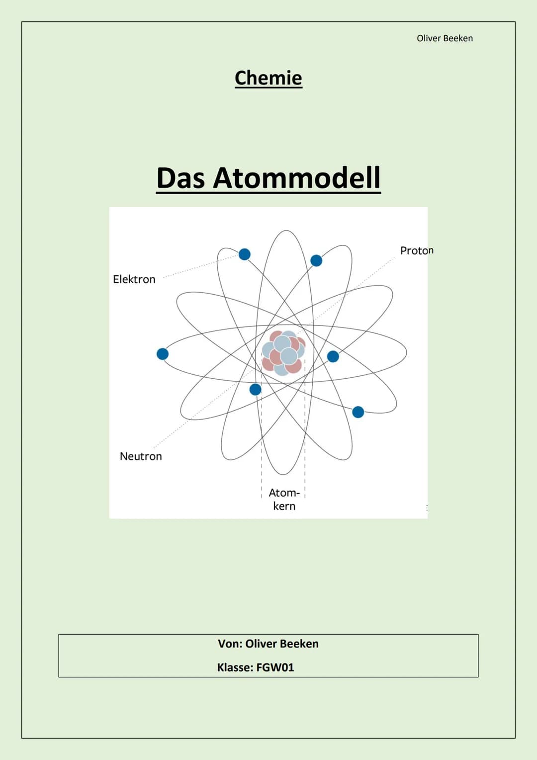 Elektron
Chemie
Das Atommodell
Neutron
Atom-
kern
Von: Oliver Beeken
Klasse: FGW01
Oliver Beeken
Proton Das Atommodell
1. Einleitung...
2. D