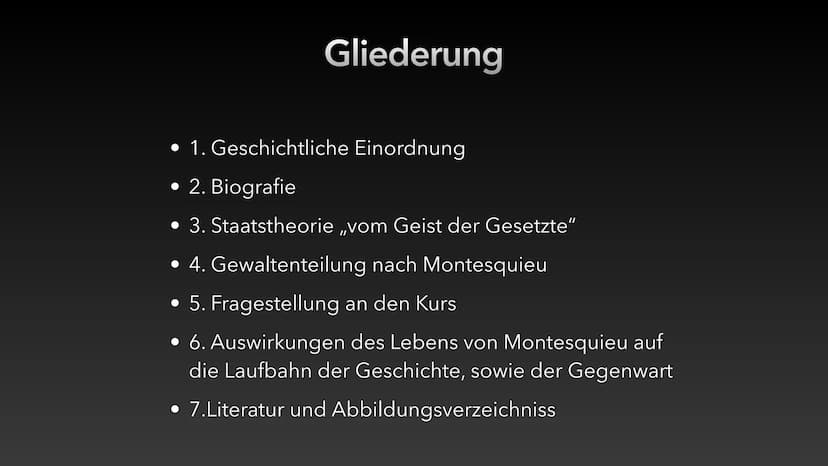 Gewaltenteilung nach
Montesquieu
Jonah Erbse den 05.01.2021 Gliederung
1. Geschichtliche Einordnung
• 2. Biografie
• 3. Staatstheorie ,,vom 