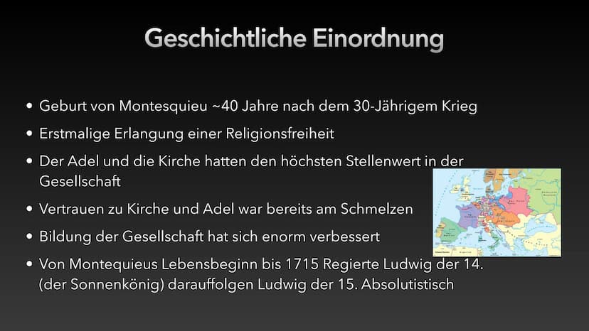 Gewaltenteilung nach
Montesquieu
Jonah Erbse den 05.01.2021 Gliederung
1. Geschichtliche Einordnung
• 2. Biografie
• 3. Staatstheorie ,,vom 