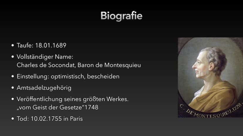 Gewaltenteilung nach
Montesquieu
Jonah Erbse den 05.01.2021 Gliederung
1. Geschichtliche Einordnung
• 2. Biografie
• 3. Staatstheorie ,,vom 