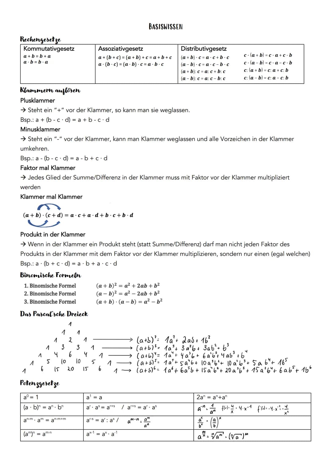 Rechengesetze
Kommutativgesetz
a+b=b+a
a.b=b.a
Klammern auflösen
Plusklammer
→ Steht ein "+" vor der Klammer, so kann man sie weglassen.
Bsp