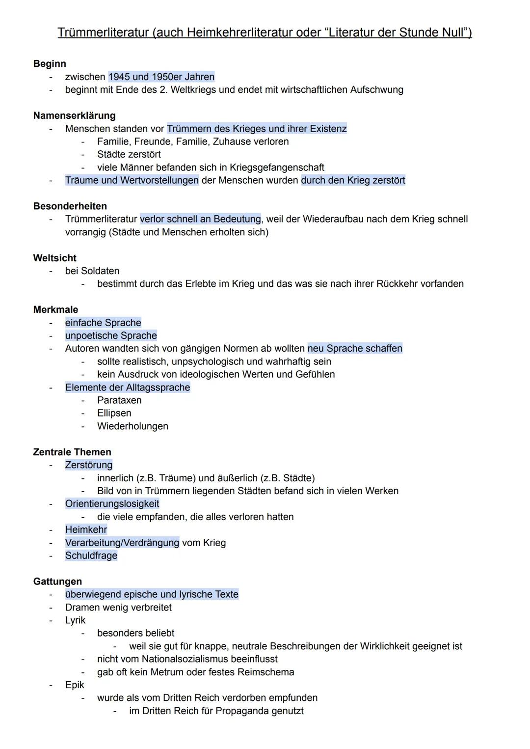 Trümmerliteratur (auch Heimkehrerliteratur oder "Literatur der Stunde Null")

Beginn
- zwischen 1945 und 1950er Jahren
- beginnt mit Ende de