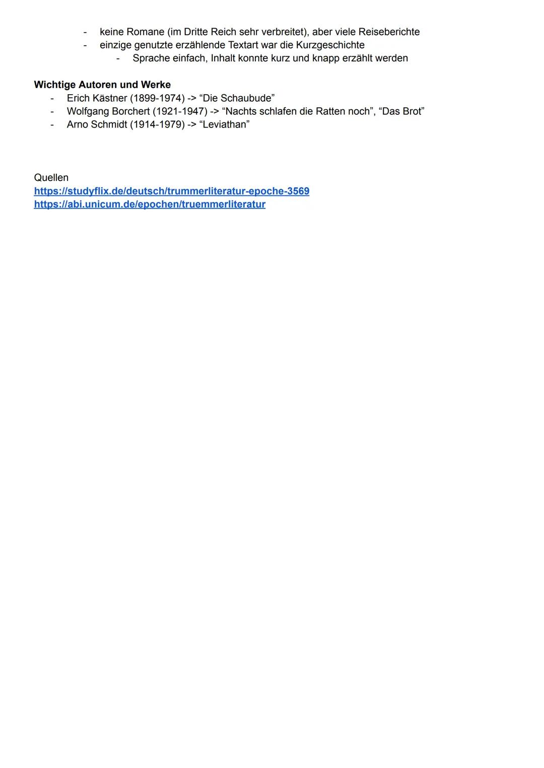 Trümmerliteratur (auch Heimkehrerliteratur oder "Literatur der Stunde Null")

Beginn
- zwischen 1945 und 1950er Jahren
- beginnt mit Ende de