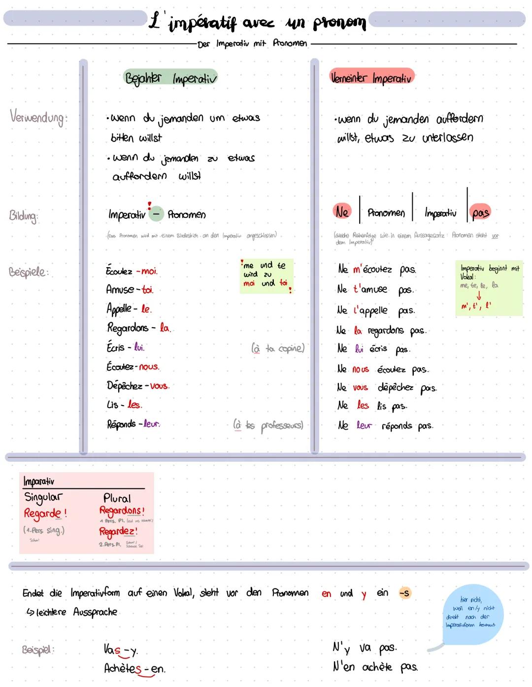 Verwendung:
Bildung
Beispiele:.
Imparativ
Singular
Regarde !
(1. Pers. sing.)
Schoul
L
- impératif avec un pronom
-Der Imperativ mit Pronome