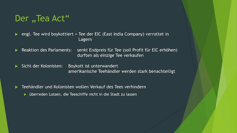 Die Boston Tea Party
Ein Vortrag von Finn Meyer Gliederung
> Die Vorgeschichte
Der Steuer- und Zollstreit
Der Tea Act
➤ Die Boston Tea Party