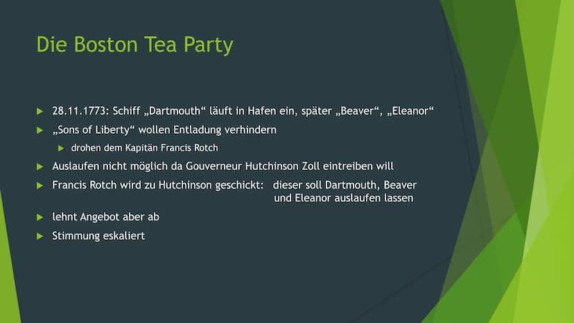 Die Boston Tea Party
Ein Vortrag von Finn Meyer Gliederung
> Die Vorgeschichte
Der Steuer- und Zollstreit
Der Tea Act
➤ Die Boston Tea Party