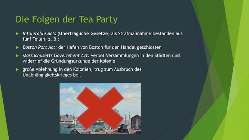 Die Boston Tea Party
Ein Vortrag von Finn Meyer Gliederung
> Die Vorgeschichte
Der Steuer- und Zollstreit
Der Tea Act
➤ Die Boston Tea Party