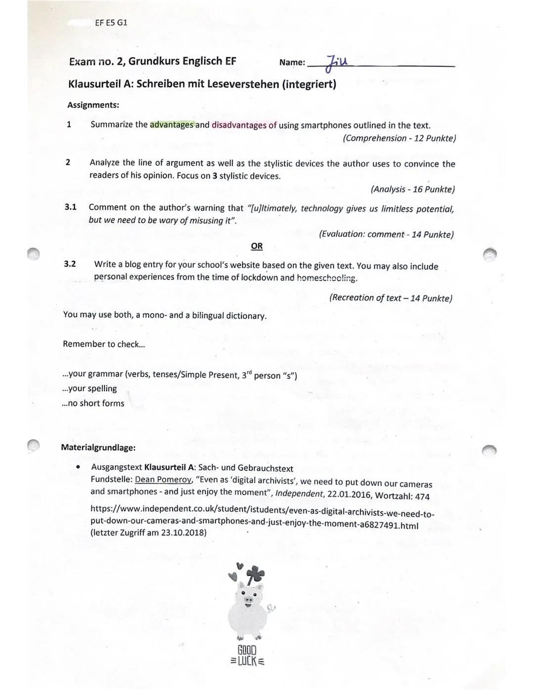 Exam no. 2, Grundkurs Englisch EF
Jiu
Klausurteil A: Schreiben mit Leseverstehen (integriert)
Assignments:
1
2
3.1
EF E5 G1
3.2
Summarize th