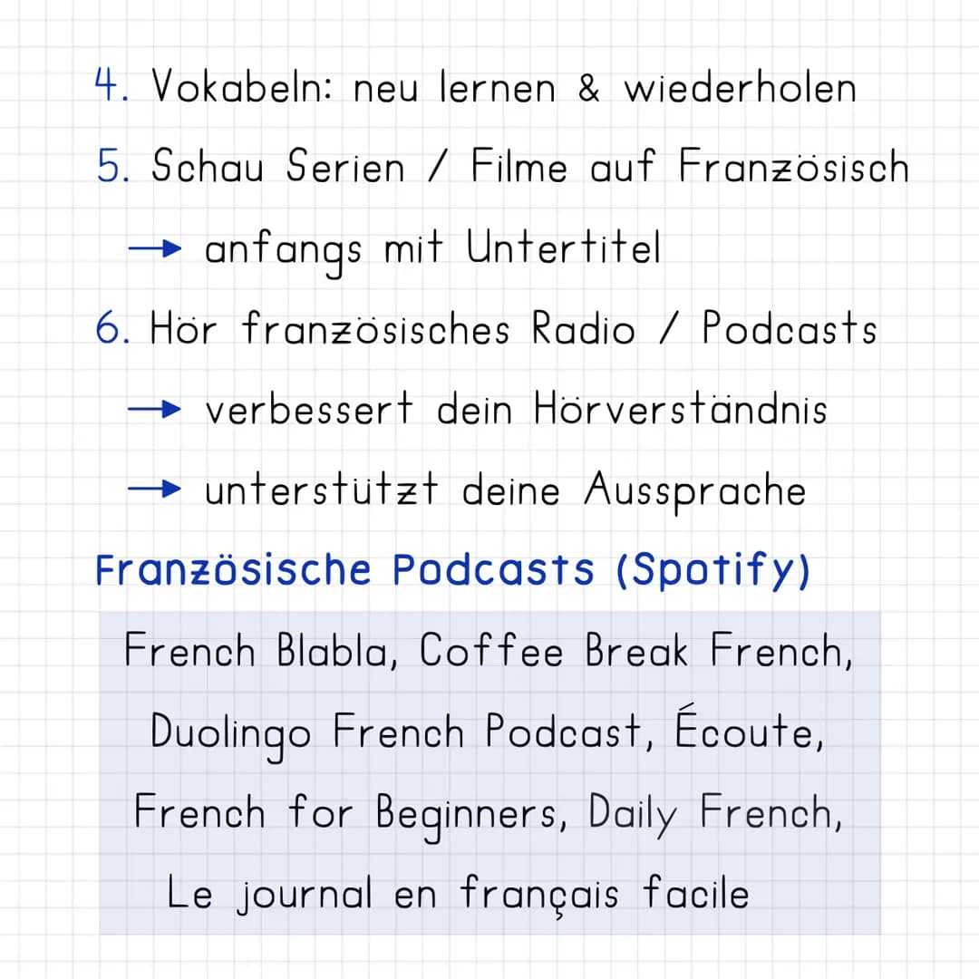 Tipps für Französisch
Community-Beitrag
1. Lerne zuerst die Grundlagen
Grammatik, Satzbau, Zeiten, etc.
2. Übe unbedingt das Sprechen.
3. Li