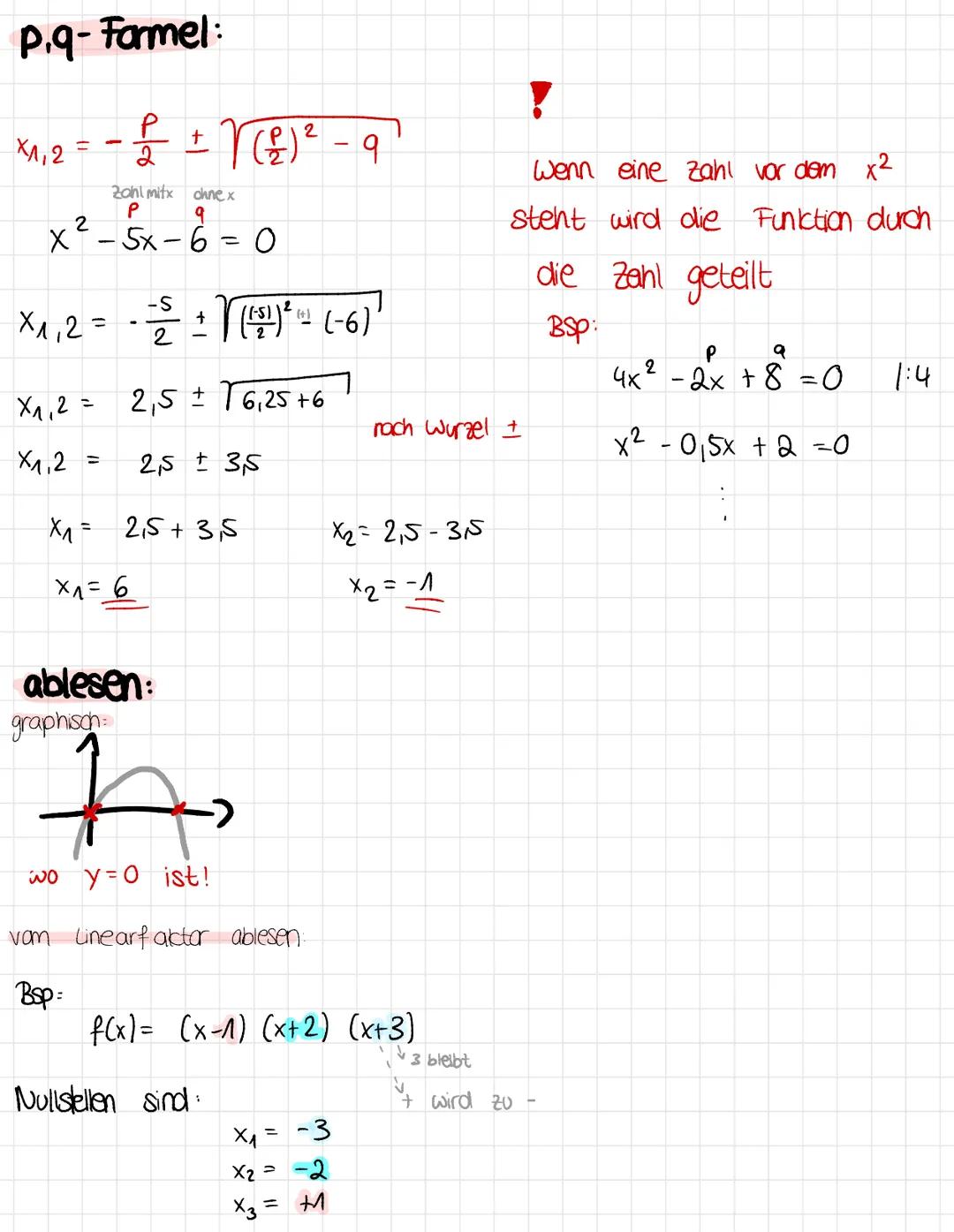 Lernzettel

A) NULLSTELLEN

bestimmen:

Bsp

$f(x) = (x-2)(x+1)$

!P(x)= O setzen!

0= (x-2) (x+1)

0= x-2 1+2

2= X

FAKTORISIEREN:

0= x+1