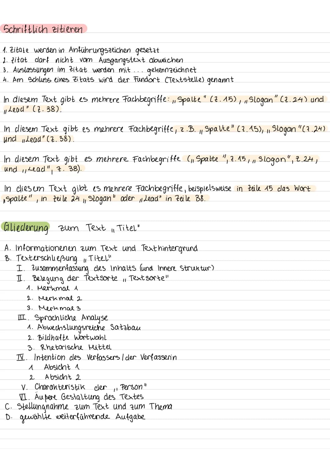 A. Einleitung
Titel, Autor, Textsorte, Erscheinungsort, Erscheinungszeit, Kernsatz des Textes max. 2 Sätze
B. Hauptteil
1. Inhaltsangabe: kn