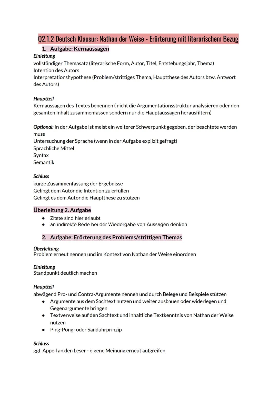 Q2.1.2 Deutsch Klausur: Nathan der Weise - Erörterung mit literarischem Bezug
1. Aufgabe: Kernaussagen
Einleitung
vollständiger Themasatz (l
