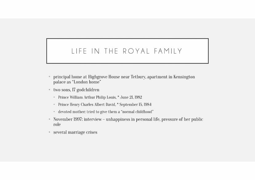 LADY DIANA - THE "PEOPLE'S
PRINCESS"
Luise C. Hamsch General information
●
●
●
Life in the Royal Family
●
●
●
●
Public admiration
Diana Fran