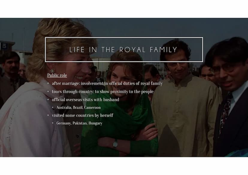 LADY DIANA - THE "PEOPLE'S
PRINCESS"
Luise C. Hamsch General information
●
●
●
Life in the Royal Family
●
●
●
●
Public admiration
Diana Fran