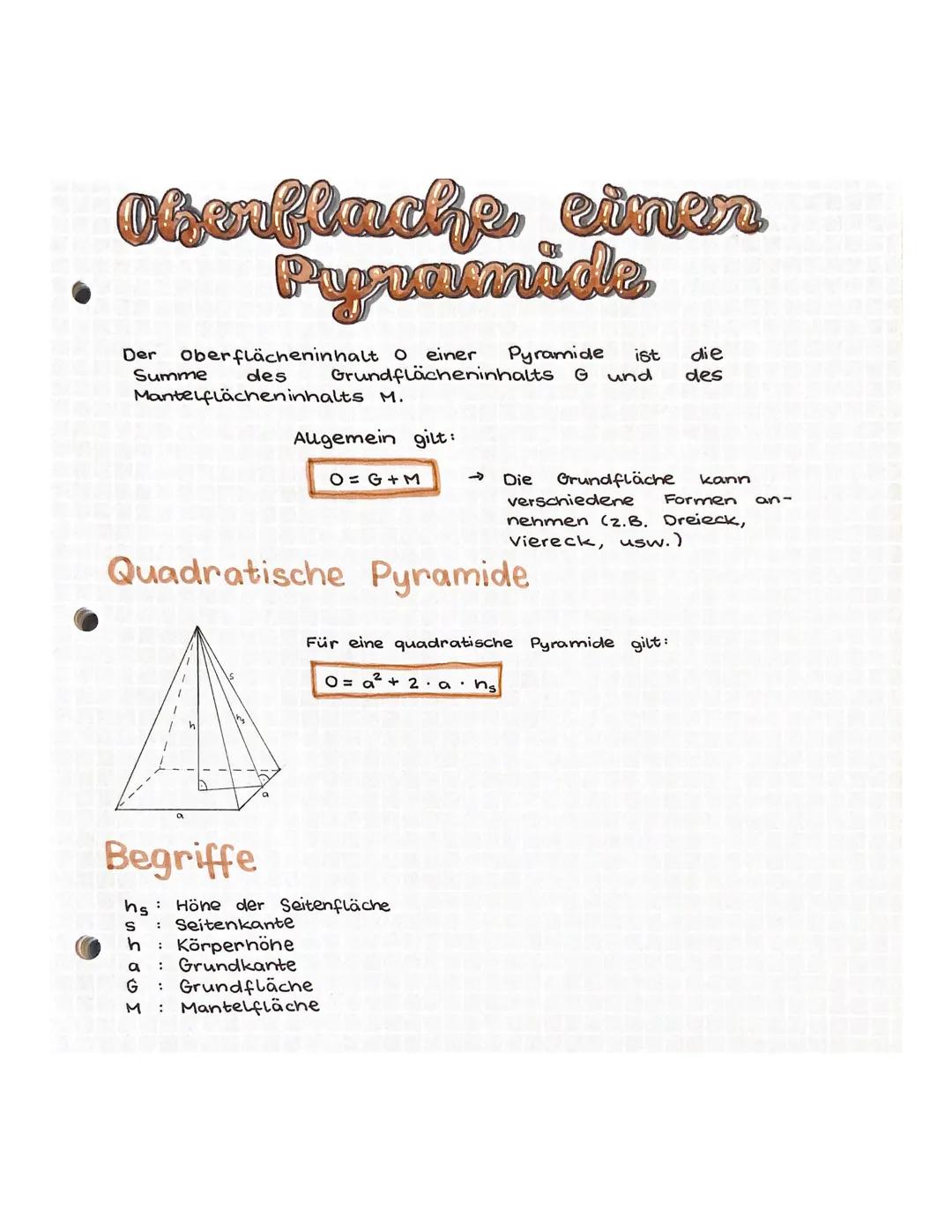# Oberfläche einer
Pyramide

Der Oberflächeninhalt O einer Pyramide ist die
Summe des Grundflächeninhalts G und des
Mantelflächeninhalts M.
