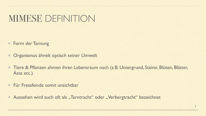MIMESE & MIMIKRY
Formen der Tarnung INHALTSVERZEICHNIS
■ Mimese Definition
Drei Arten der Mimese + Beispiele
▪ Mimikry Definition
Arten der 