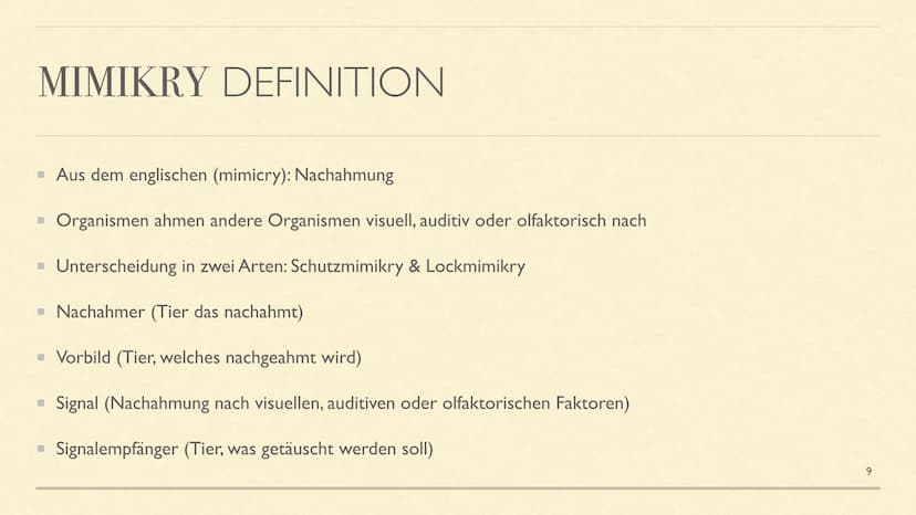 MIMESE & MIMIKRY
Formen der Tarnung INHALTSVERZEICHNIS
■ Mimese Definition
Drei Arten der Mimese + Beispiele
▪ Mimikry Definition
Arten der 