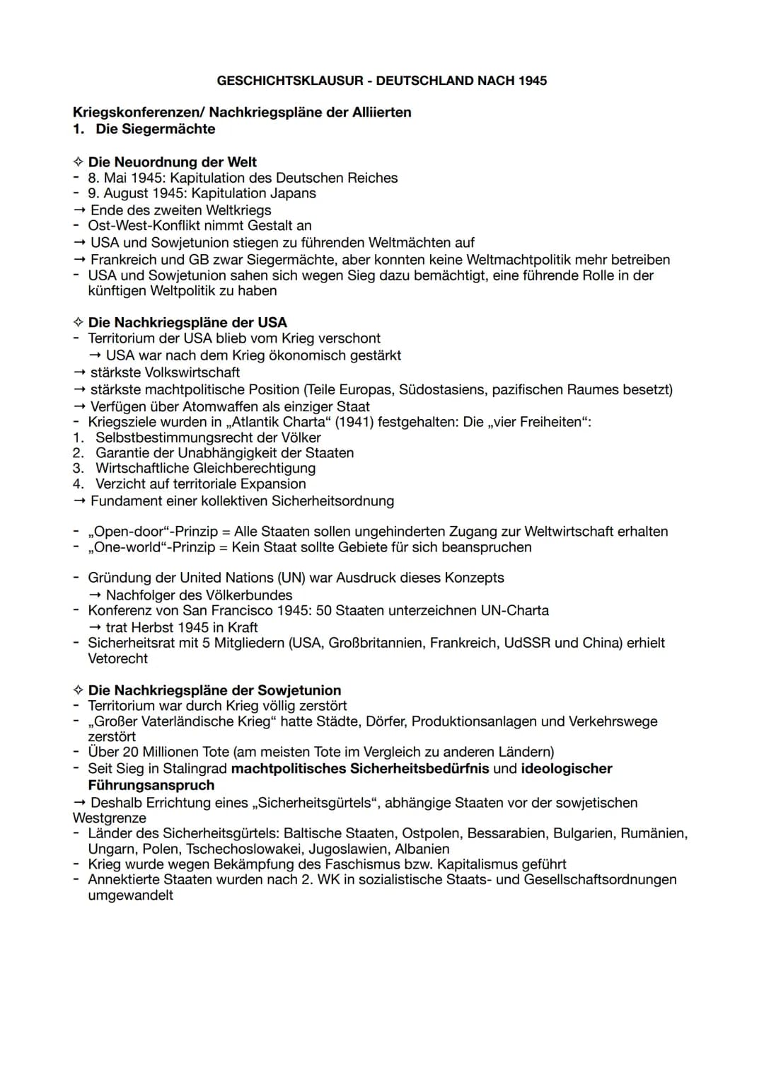 Kriegskonferenzen/
1. Die Siegermächte
GESCHICHTSKLAUSUR - DEUTSCHLAND NACH 1945
Nachkriegspläne der Alliierten
→ Die Neuordnung der Welt
- 