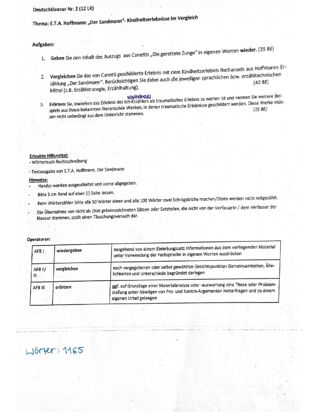 Deutsch Klausur LK Q1 Thema „Der Sandmann“
